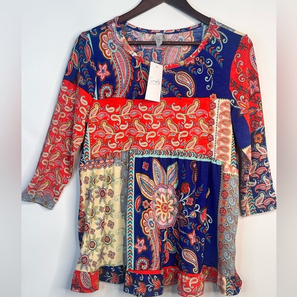 3/4 sleeve multicolor baby doll top with pattern block size M simply obsessed - Picture 1 of 12